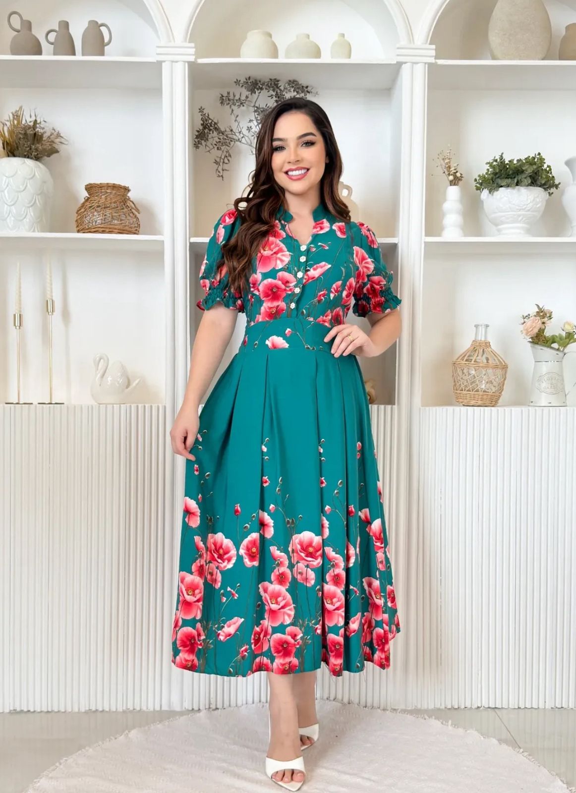 Vestido MIDI Algodão/Lesse Verde com Rosas
