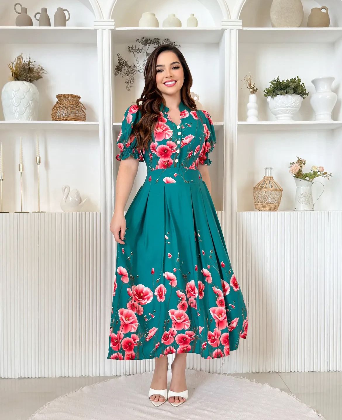 Vestido MIDI Algodão/Lesse Verde com Rosas