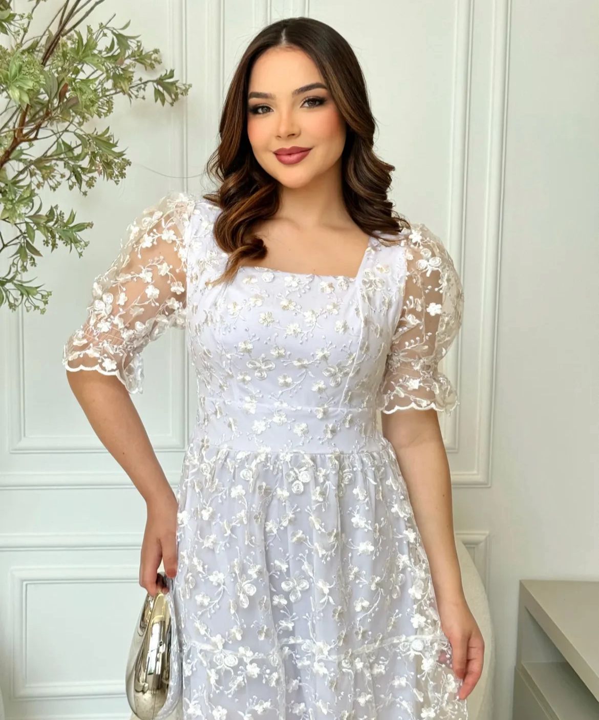 Vestido MIDI Algodão/Lesse com Mangas Transparentes