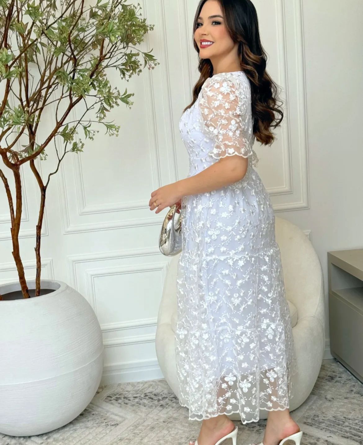 Vestido MIDI Algodão/Lesse com Mangas Transparentes
