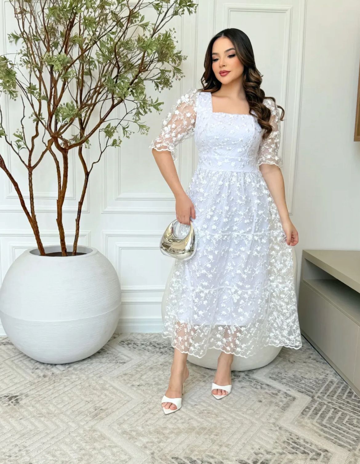 Vestido MIDI Algodão/Lesse com Mangas Transparentes