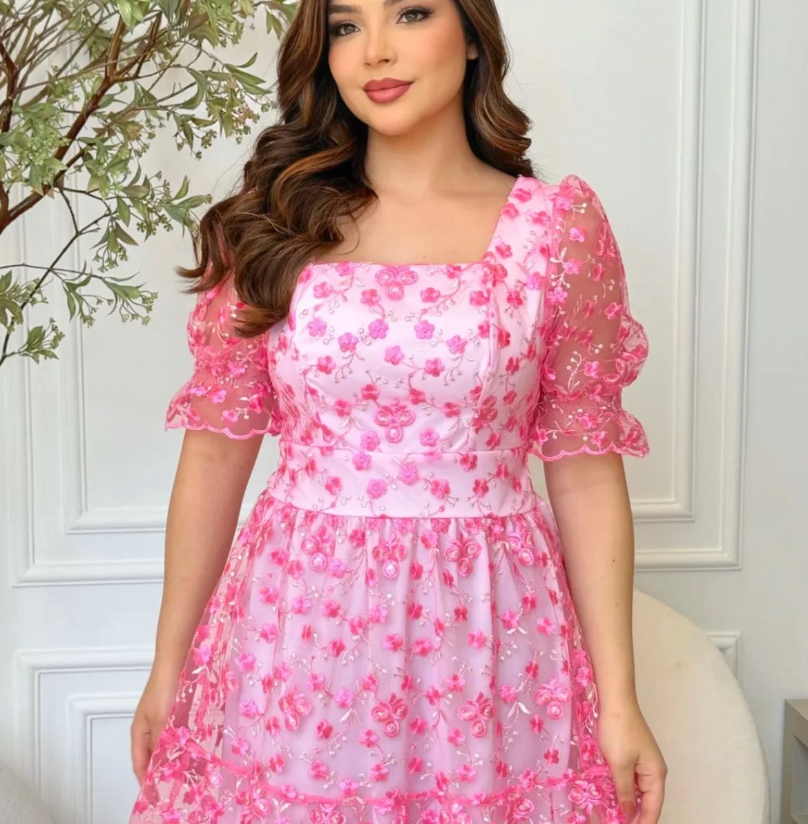 Vestido MIDI Algodão/Lesse com Mangas Transparentes