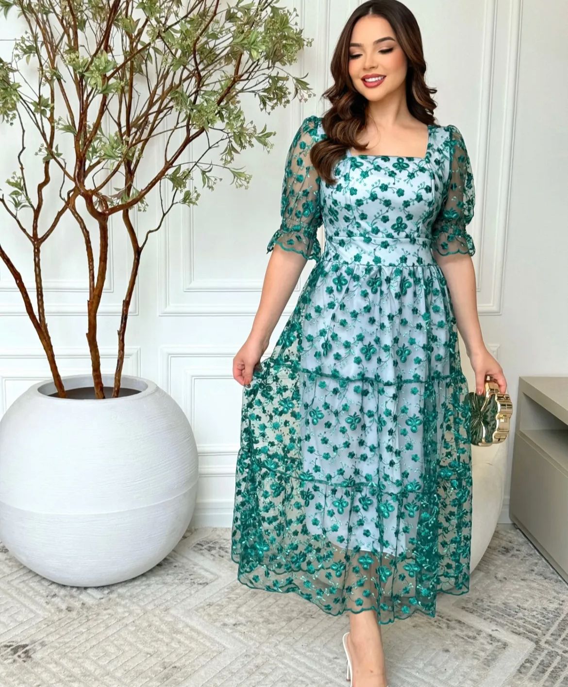 Vestido MIDI Algodão/Lesse com Mangas Transparentes