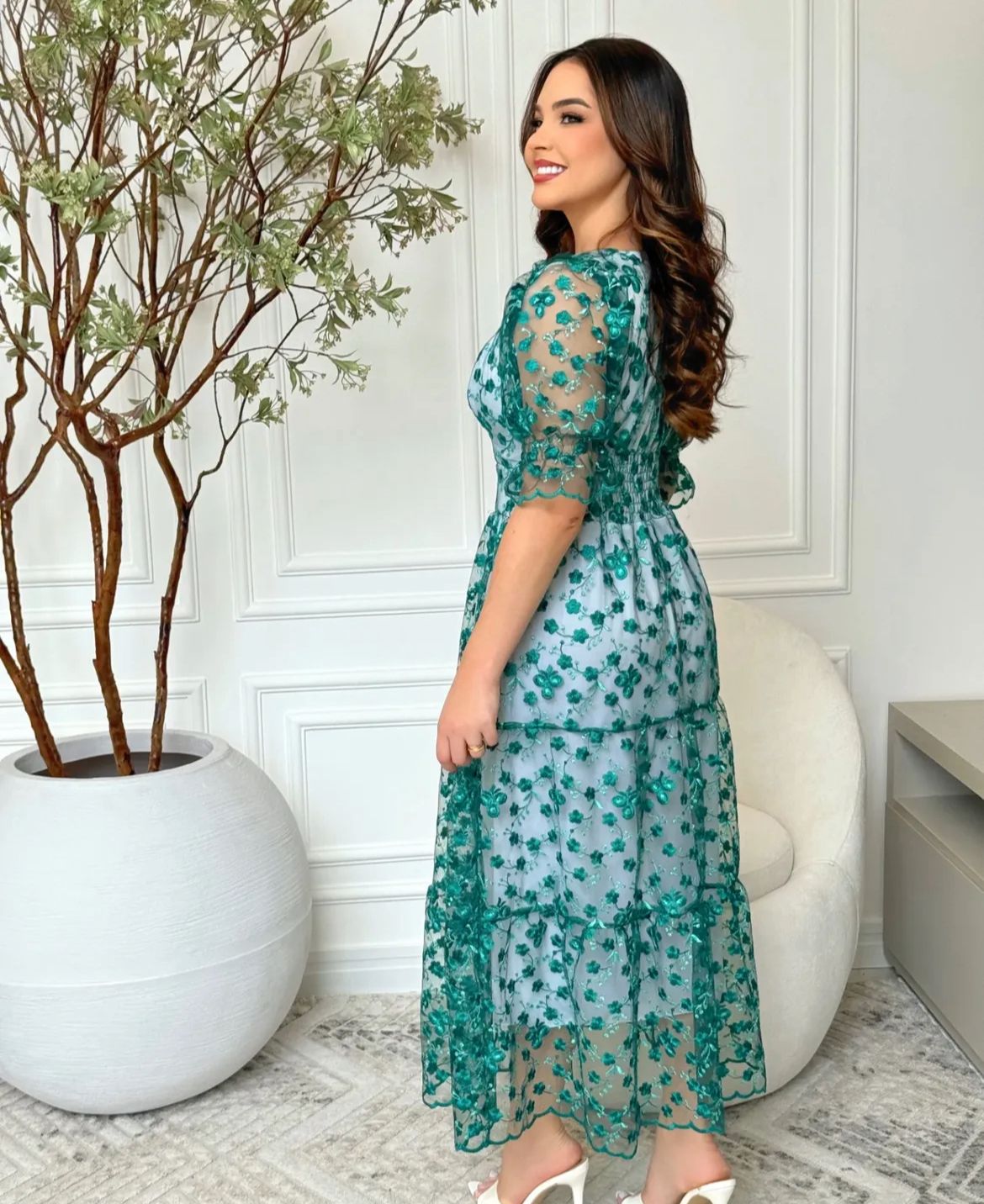 Vestido MIDI Algodão/Lesse com Mangas Transparentes