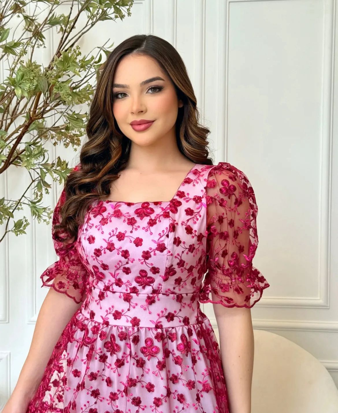 Vestido MIDI Algodão/Lesse com Mangas Transparentes