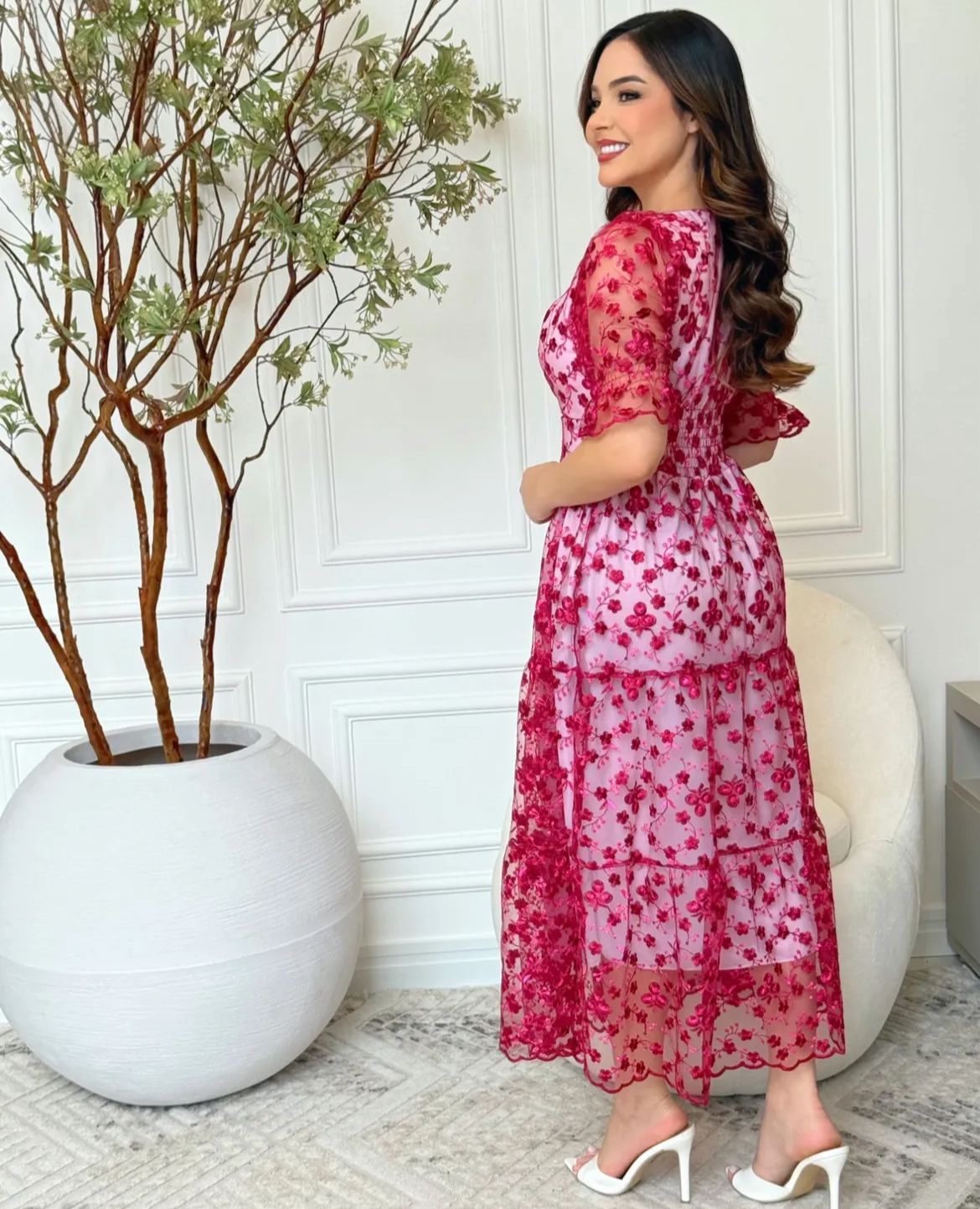 Vestido MIDI Algodão/Lesse com Mangas Transparentes