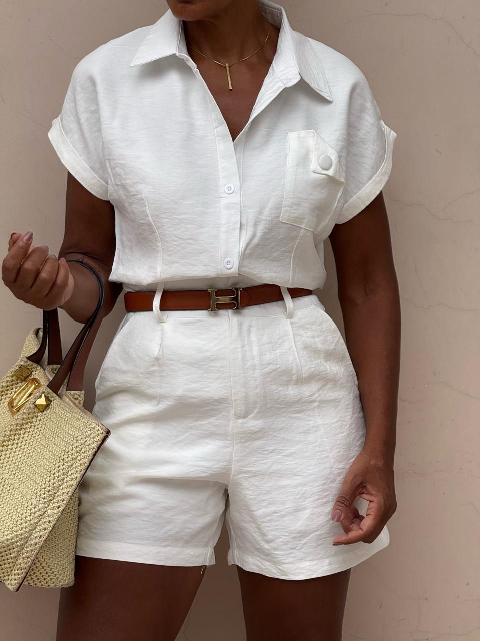 Conjunto Camisa Manga Curta e Shorts | 95% Linho 5% Elastano