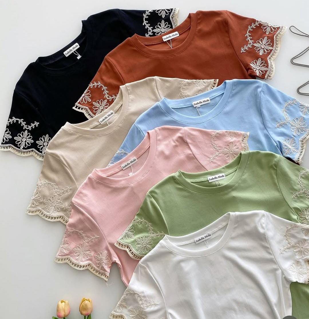 Blusa Algodão/Elastano com Bordados Lindos nas Mangas