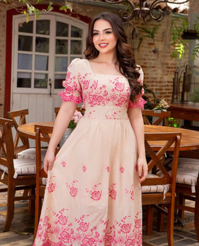 Vestido MIDI Algodão/Lesse Bege com Rosas