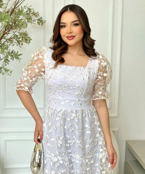Vestido MIDI Algodão/Lesse com Mangas Transparentes