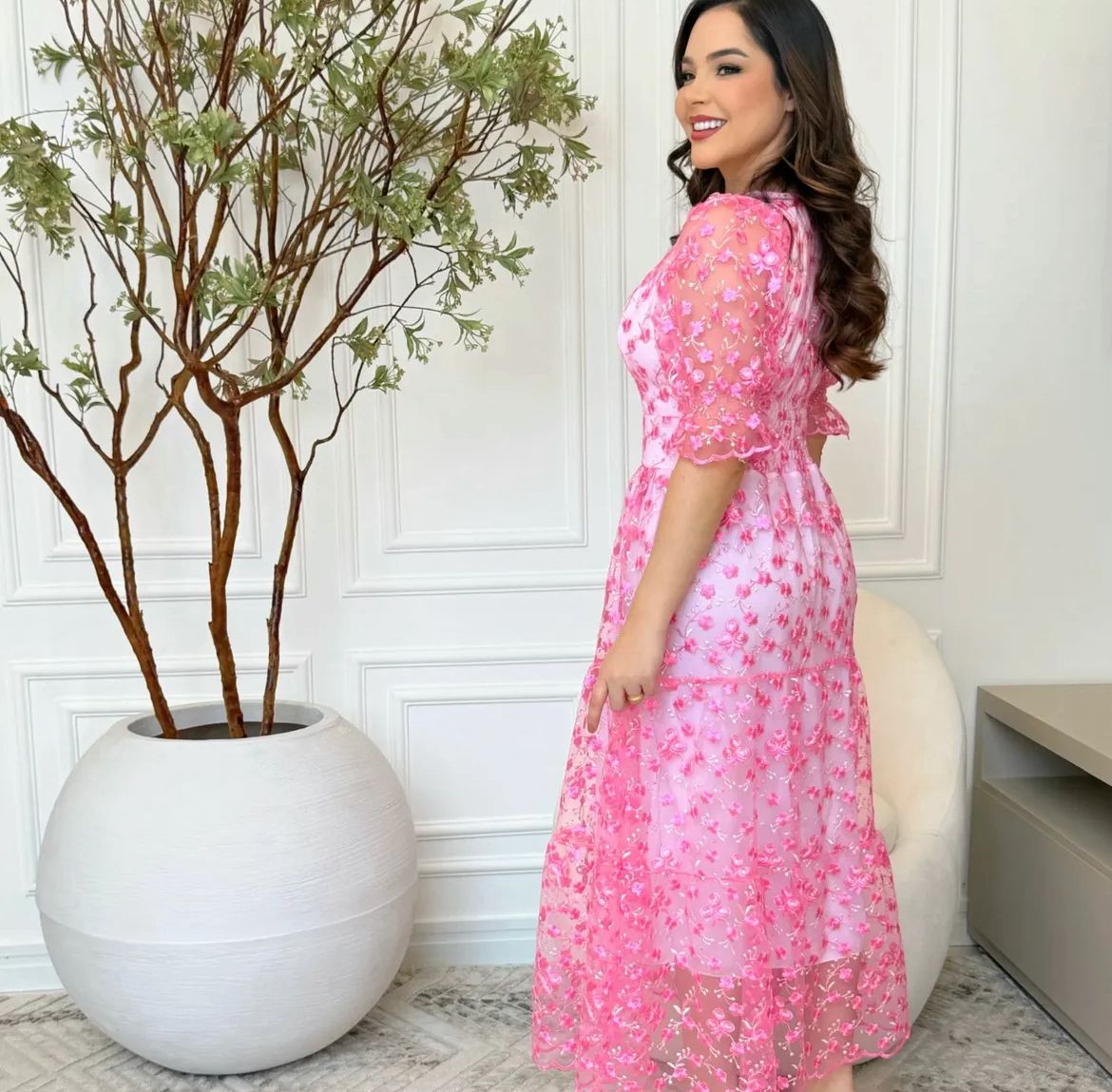 Vestido MIDI Algodão/Lesse com Mangas Transparentes