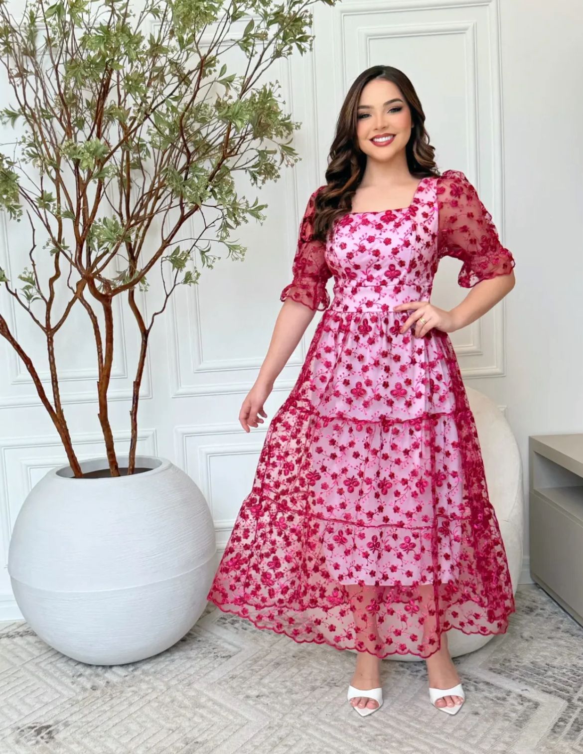Vestido MIDI Algodão/Lesse com Mangas Transparentes