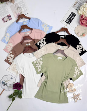 T-shirt Algodão/Elastano Bordas na Manga com Auto Relevo